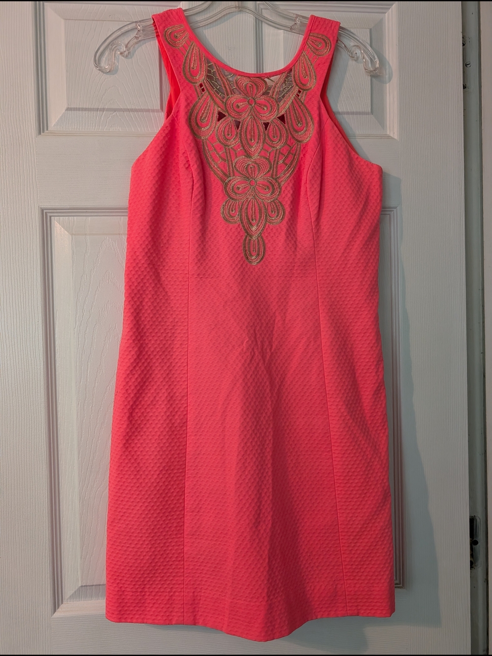 Lilly Pulitzer Coral Pink Shift Dress with Gold Embroidered Yoke